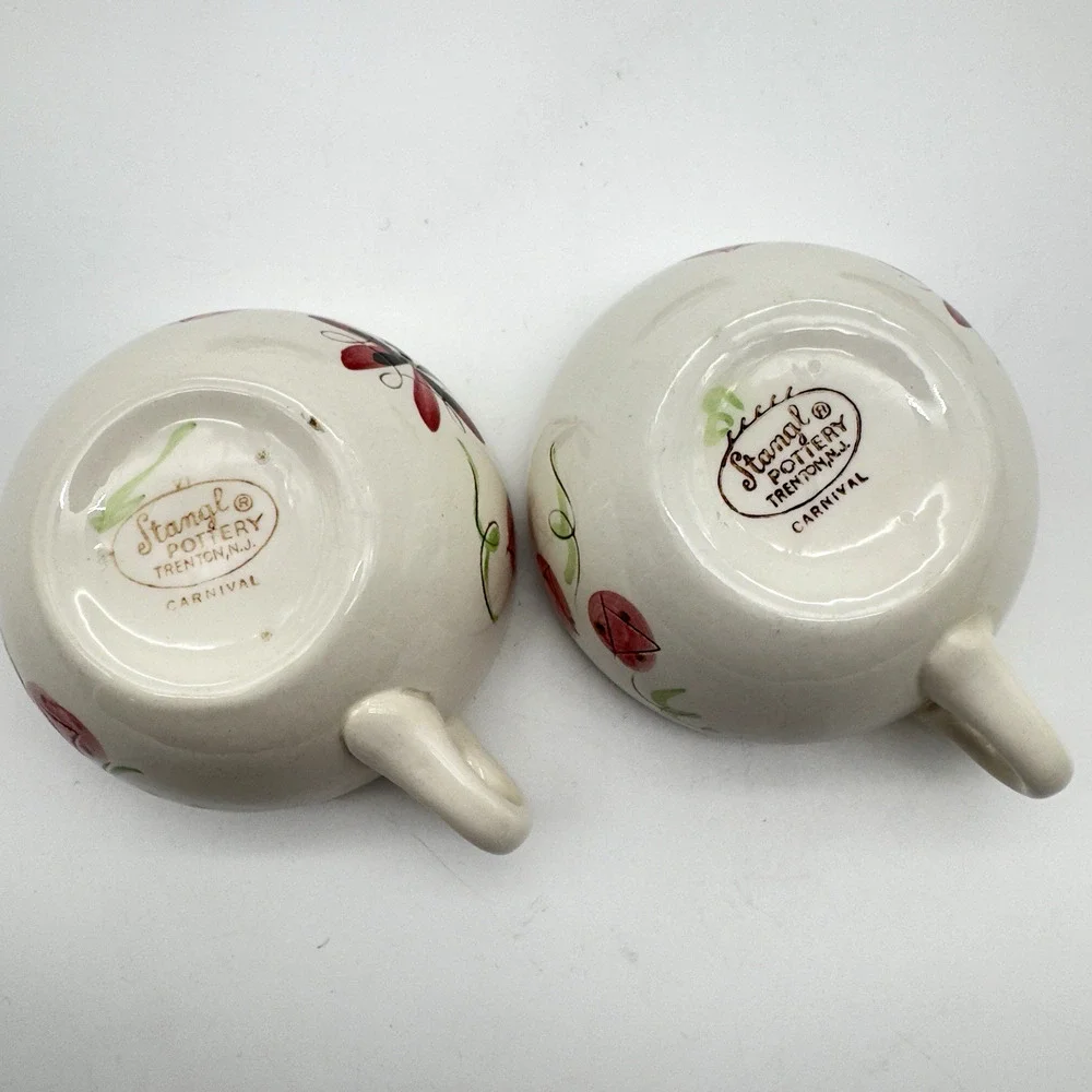 Stangl Pottery Carnival Cup Saucer Set of 2 Coffee Tea MCM Pink Green Black